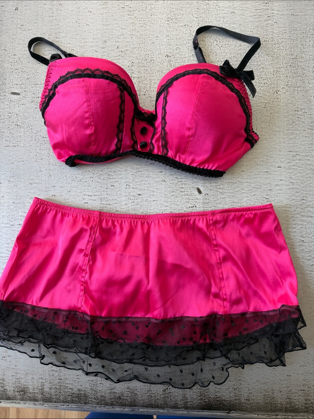 Victoria's Secret Hot Pink Bra & Mini Skirt Set with Black Lace